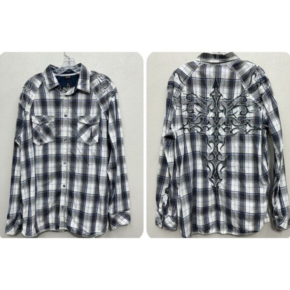 Buckle Roar Button Up Shirt Mens 2XL XXL Plaid Embroidered Long Sleeve Biker - Picture 1 of 9